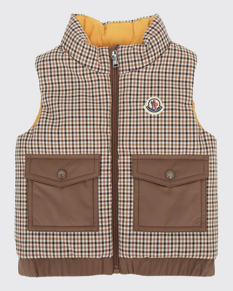 Moncler Jungen Adrien wattierte Weste aus Baumwollmischung mit Karomuster Camel