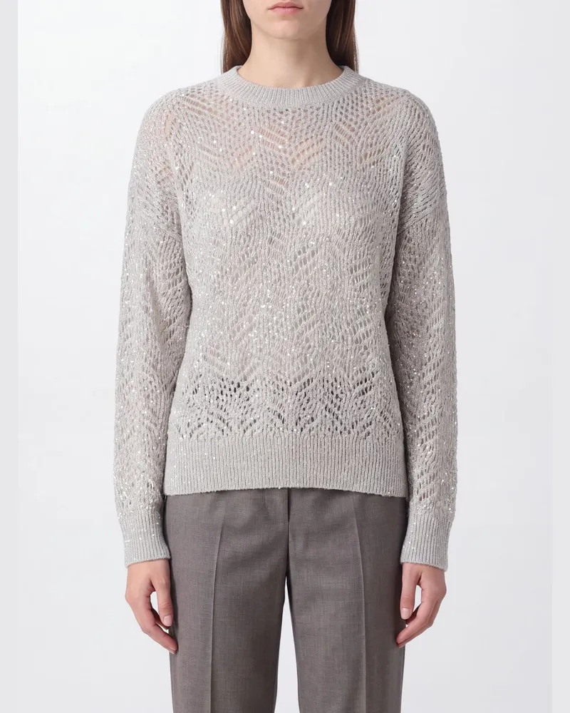 Brunello Cucinelli Pullover mit Rundhalsausschnitt aus durchbrochenem Mohair mit langen Ärmeln Grau
