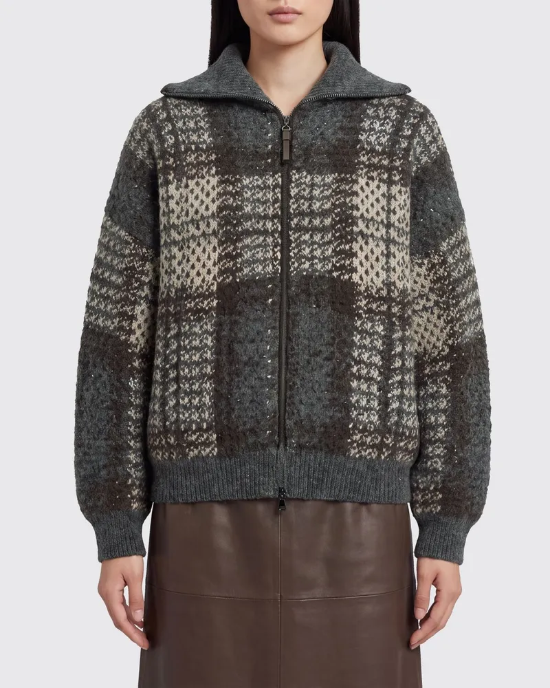 Brunello Cucinelli Karierte Wollmisch-Strickjacke mit Reißverschluss und Pailletten Grau