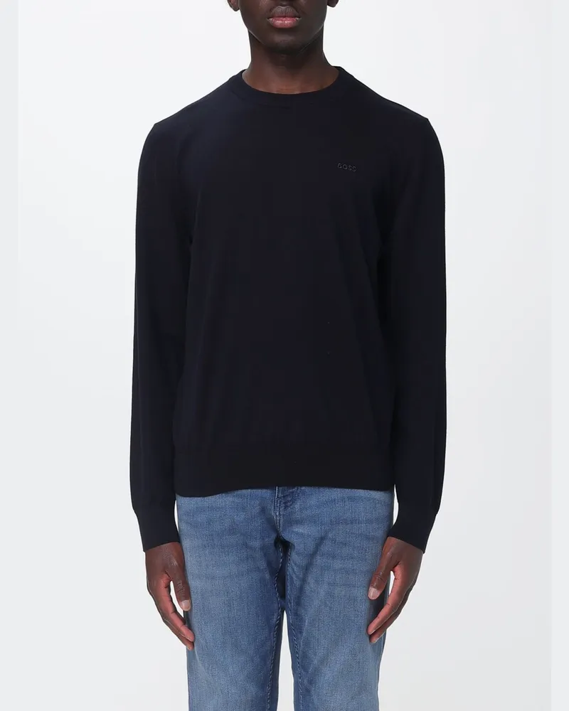 HUGO BOSS Basic Baumwoll-Rundhals-Strickoberteil Blau