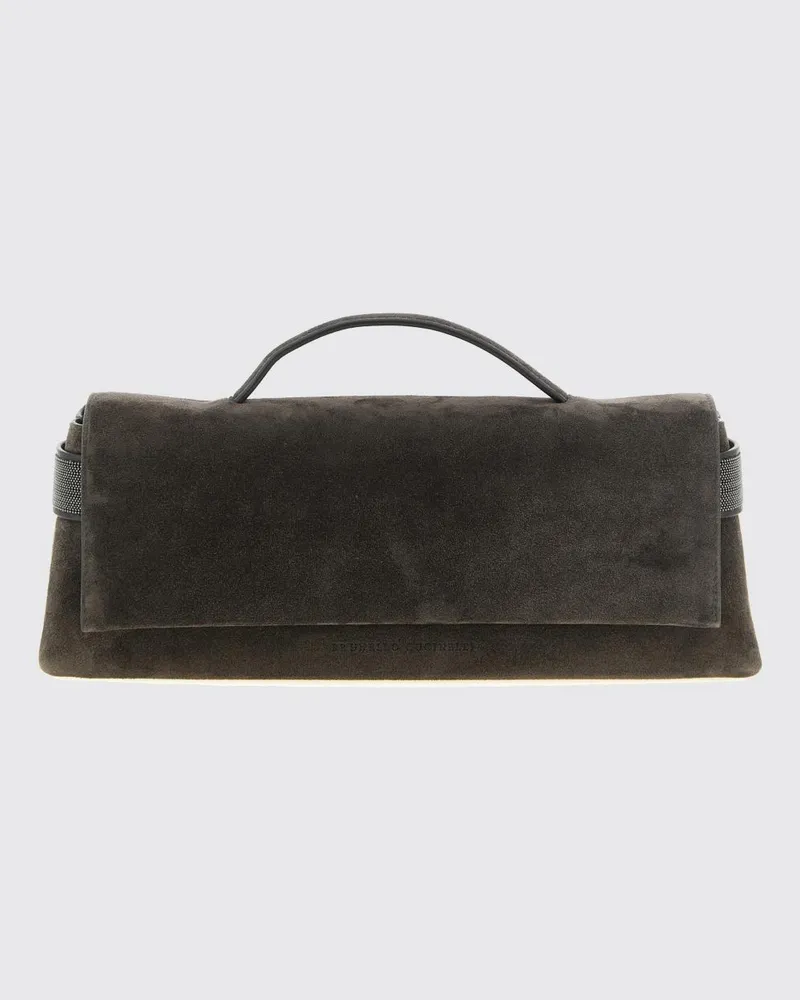 Brunello Cucinelli Clutch aus Velourskalbsleder mit Monili-Verzierung Schwarz