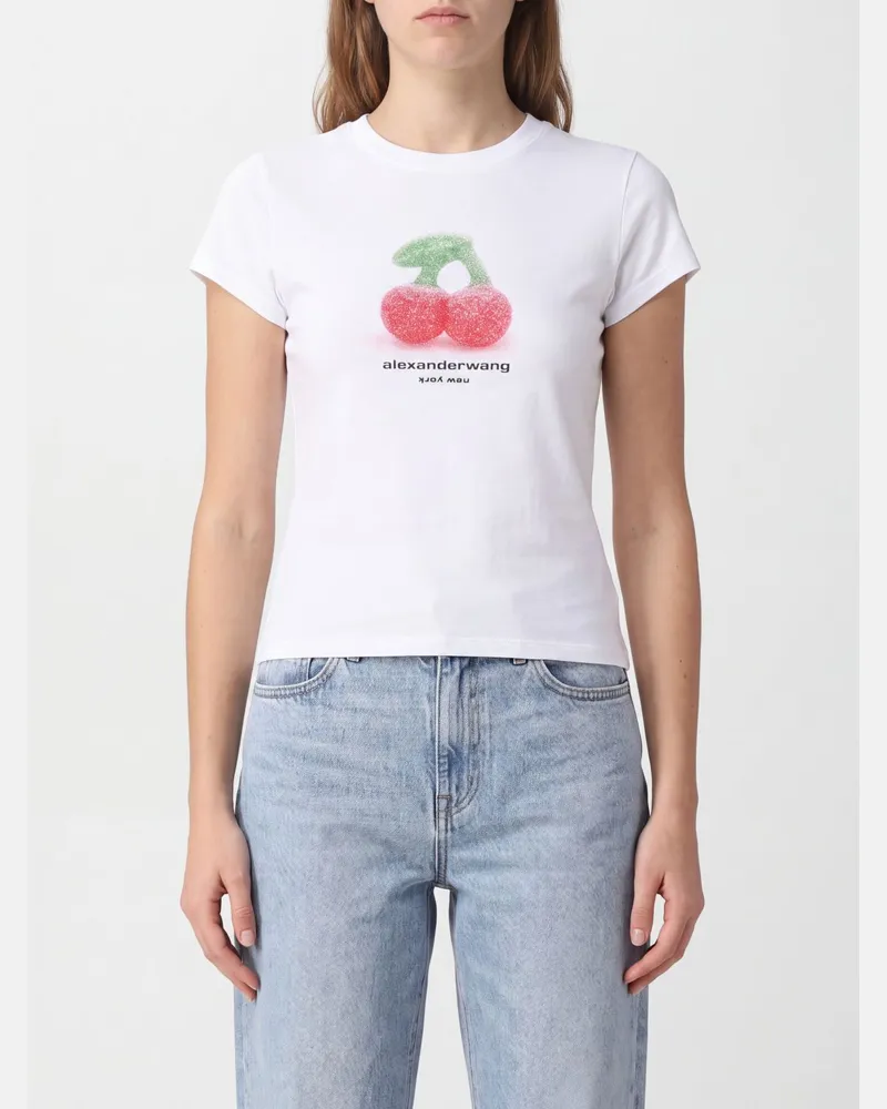 Alexander Wang Slim Fit Baumwoll-T-Shirt mit Fruchtdruck und Kontrastlogo von Weiß