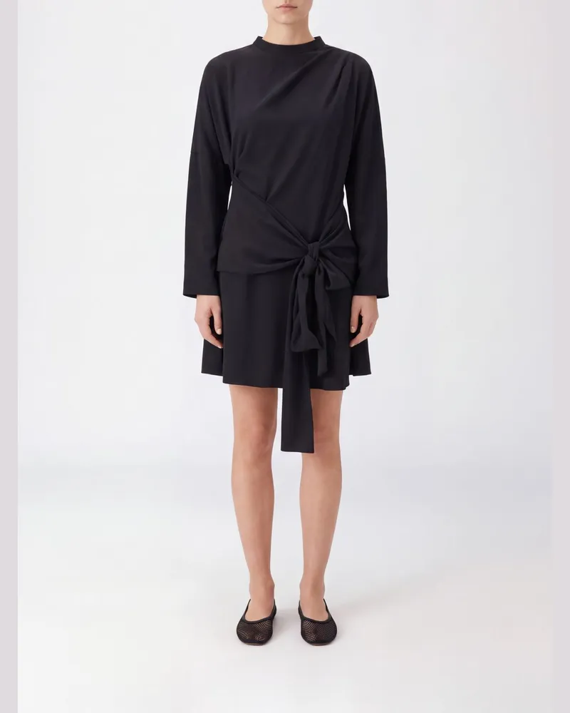 Ganni Langärmeliges Minikleid aus recyceltem Jersey mit Bindegürtel Schwarz