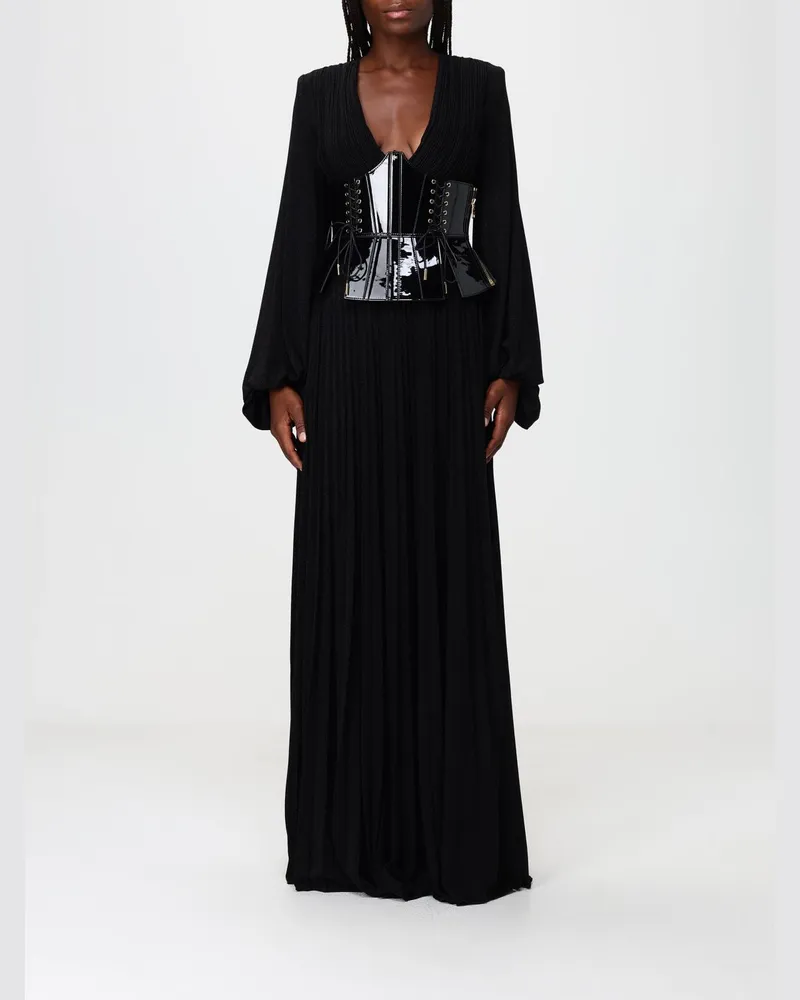 Elisabetta Franchi Langes Abendkleid aus Viskosemischung mit Korsett-Oberteil und V-Ausschnitt Schwarz