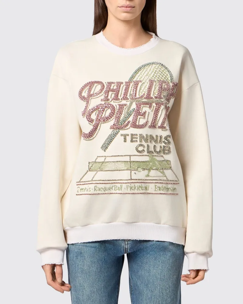 Philipp Plein Relaxed-Fit Sweatshirt Tennis Club von mit U-Ausschnitt hinten und Strass-Logo Weiß