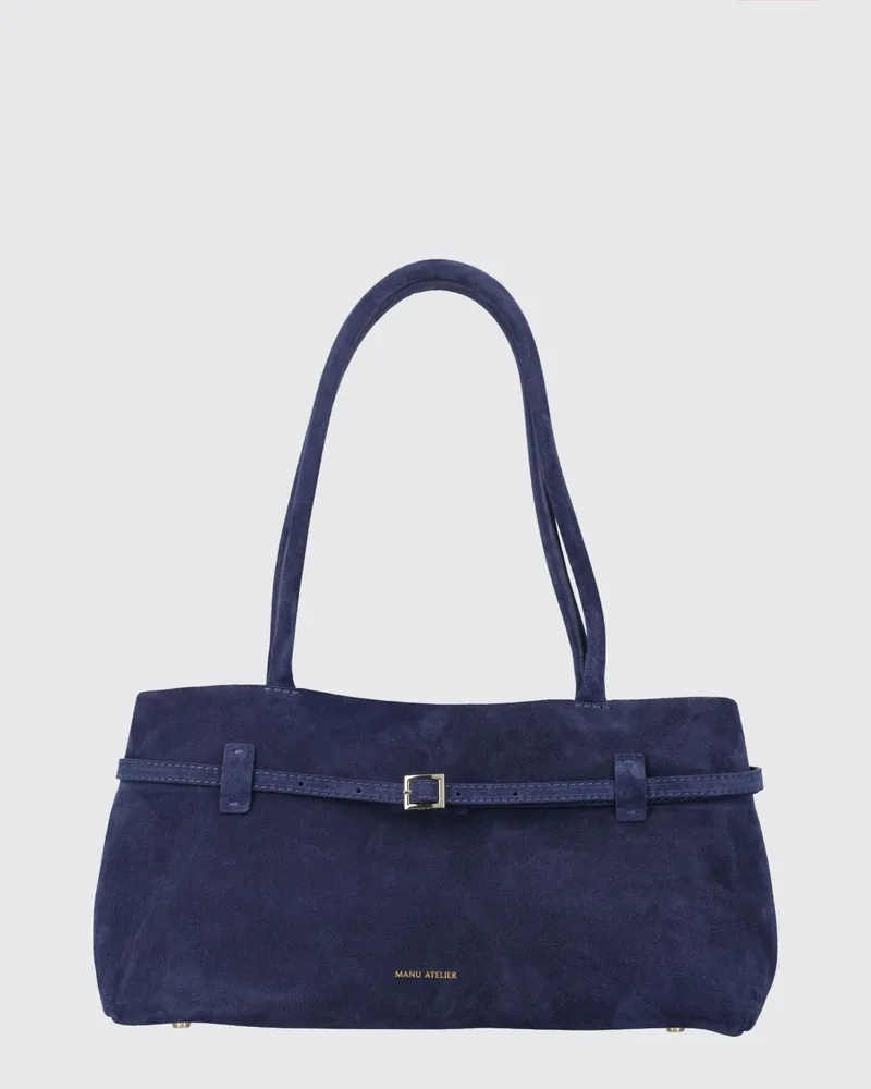Manu Atelier Le Cambon East West Schultertasche aus Kalbsleder und Veloursleder Navy