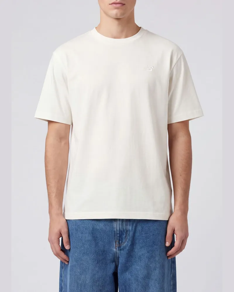 New Balance Rundhals-T-Shirt aus Baumwolle mit Ton-in-Ton-Logostickerei Weiß