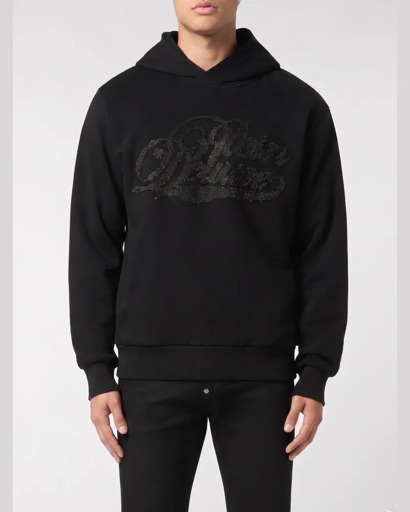 Philipp Plein Baumwoll-Kapuzenpullover mit Logo und Strasssteinen Schwarz