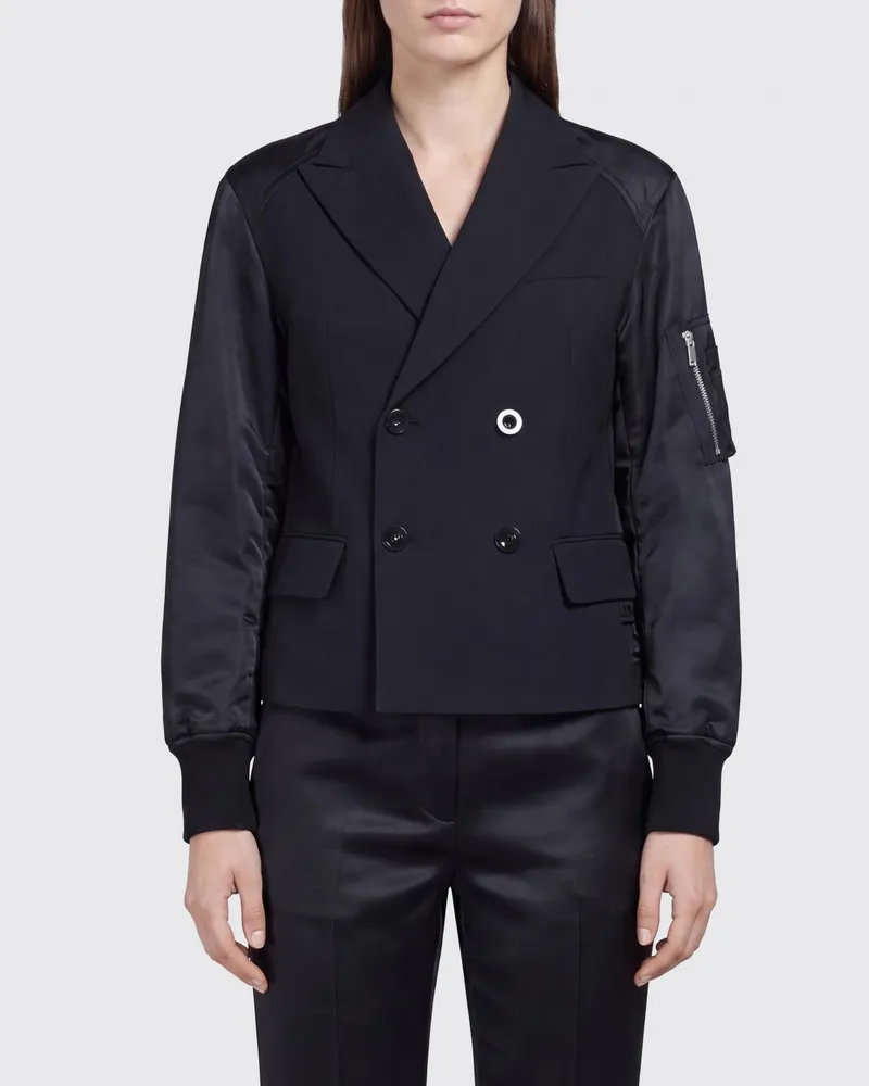 Sacai Kurzer zweireihiger Slim-Fit-Mantel von aus Wolle mit Nyloneinsätzen Schwarz