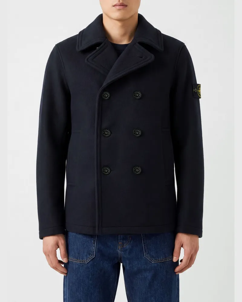 Stone Island Doppelreihiger Woll-Caban mit Compass-Logoaufnäher Navy