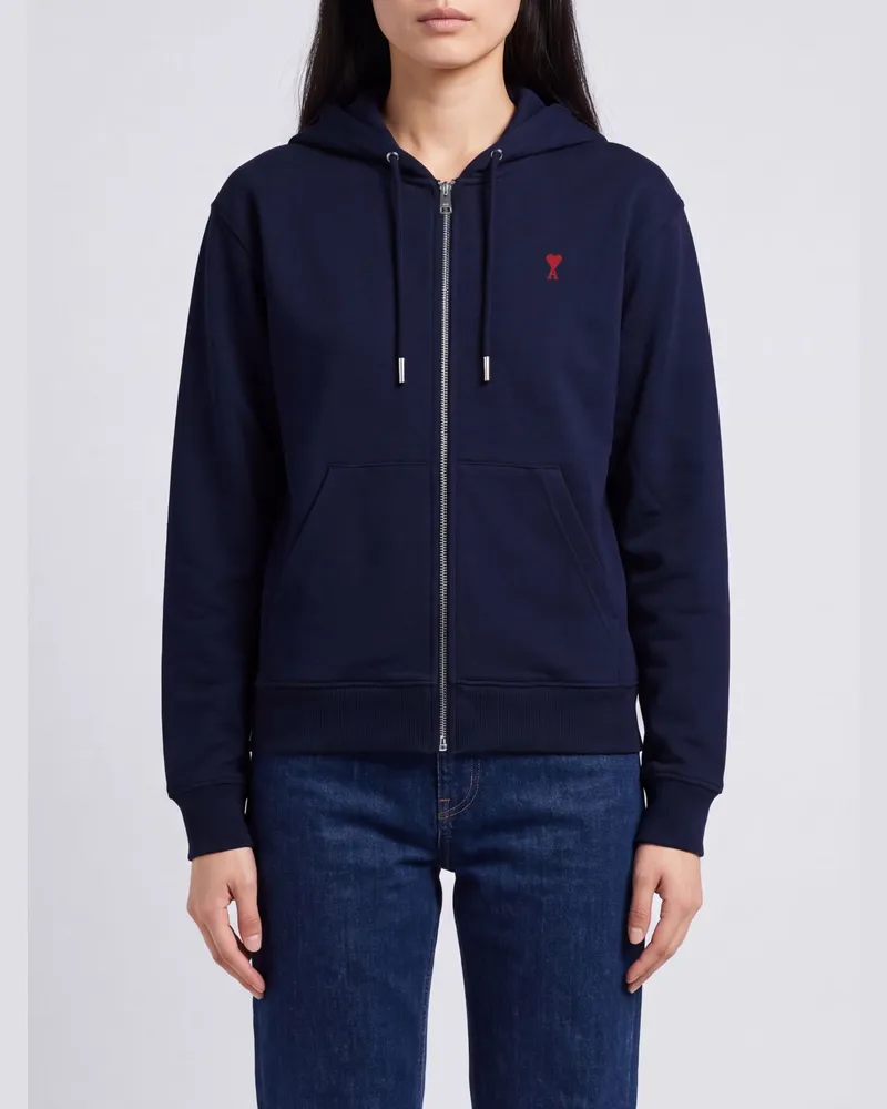 AMI Paris Baumwoll-Kapuzenjacke mit Reißverschluss, gesticktem Logo und Kängurutasche Blau