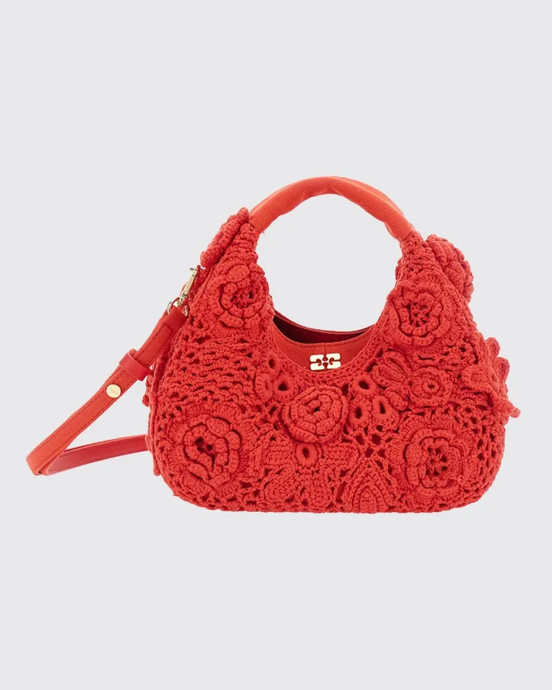 Ganni Hobo-Tasche aus Baumwoll-Häkelarbeit mit Blumenstickerei und Butterfly-Logo Rot