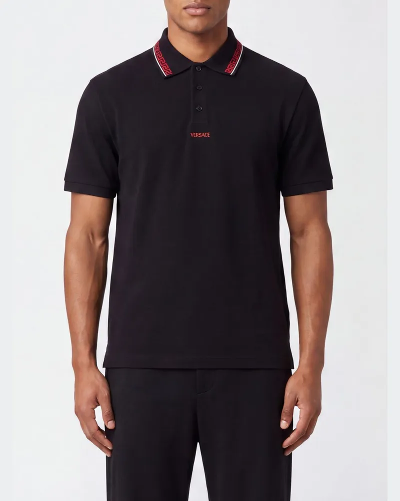 Versace Baumwoll-Poloshirt mit Greca-Muster und kontrastgesticktem Logo Schwarz