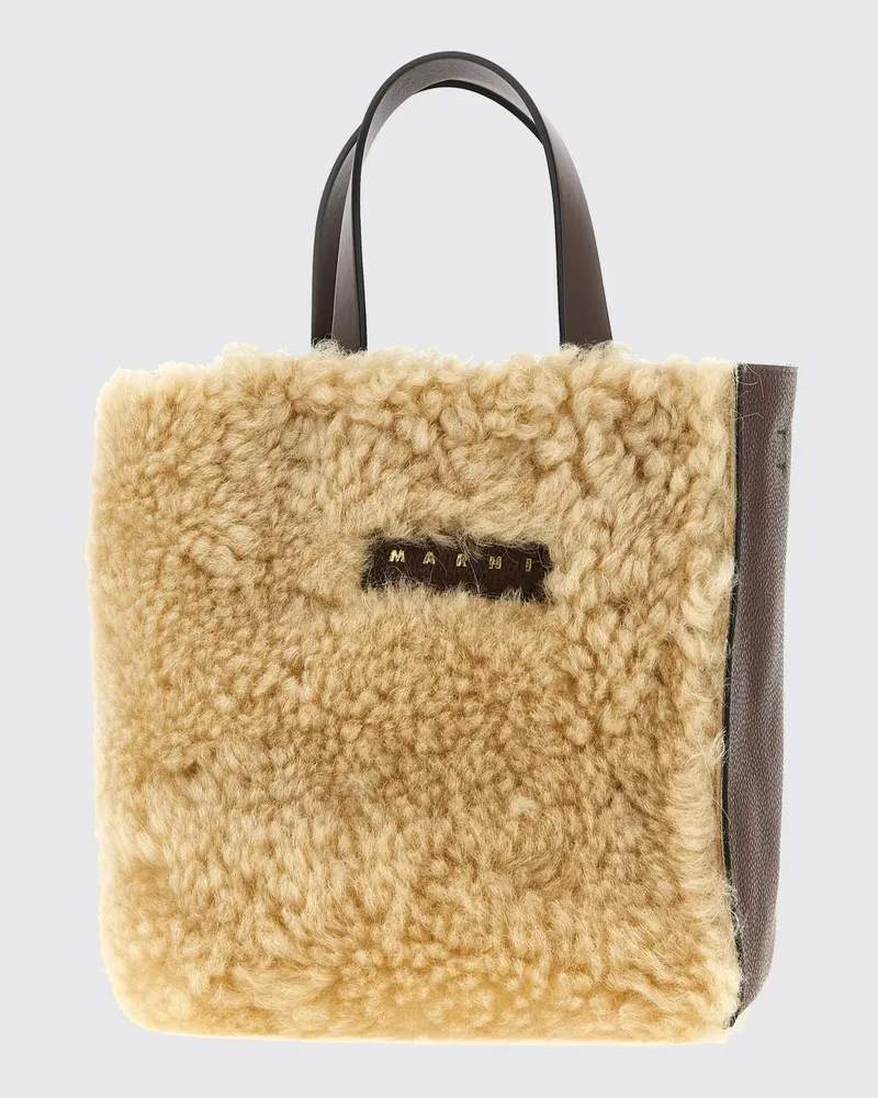 Marni Zweifarbige Museo Tote-Tasche aus Shearling mit Riemen Weiß