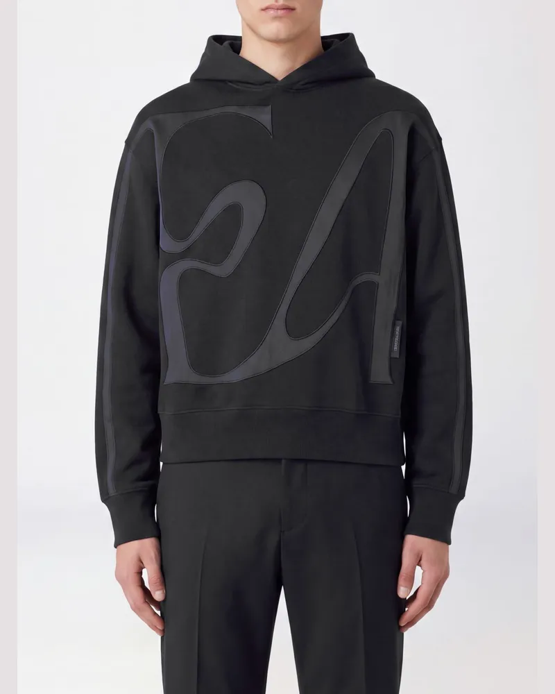 Emporio Armani Kapuzenpullover aus Baumwolle mit Monogramm-Print und Relaxed Fit Schwarz
