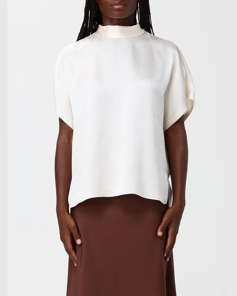 Brunello Cucinelli Seidenbluse mit Schluppe und kurzen Ärmeln Beige