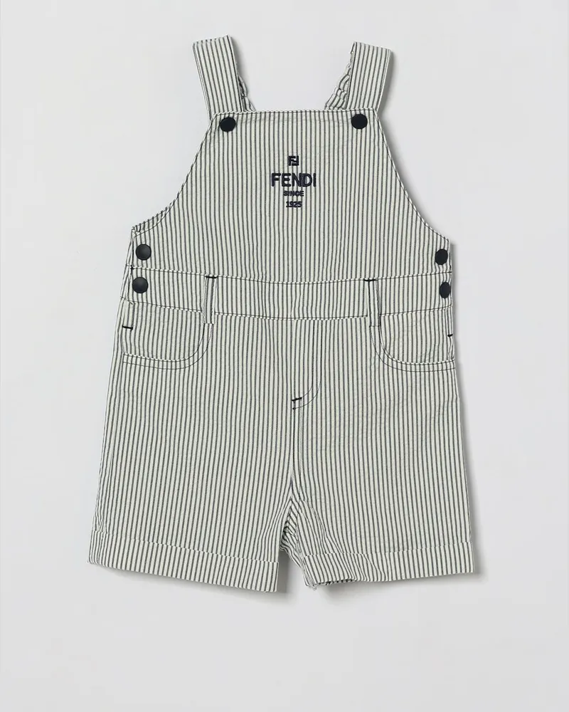 Fendi Kurze Latzhose für Jungen aus gestreifter Baumwolle mit Logo-Stickerei Weiß