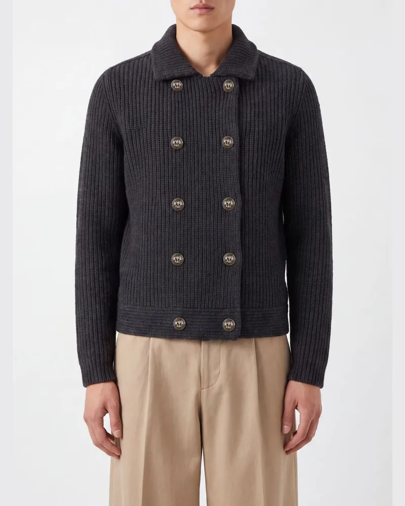 Brunello Cucinelli Zweireihiger Cardigan aus reinem Kaschmir mit Rippenkragen Grau