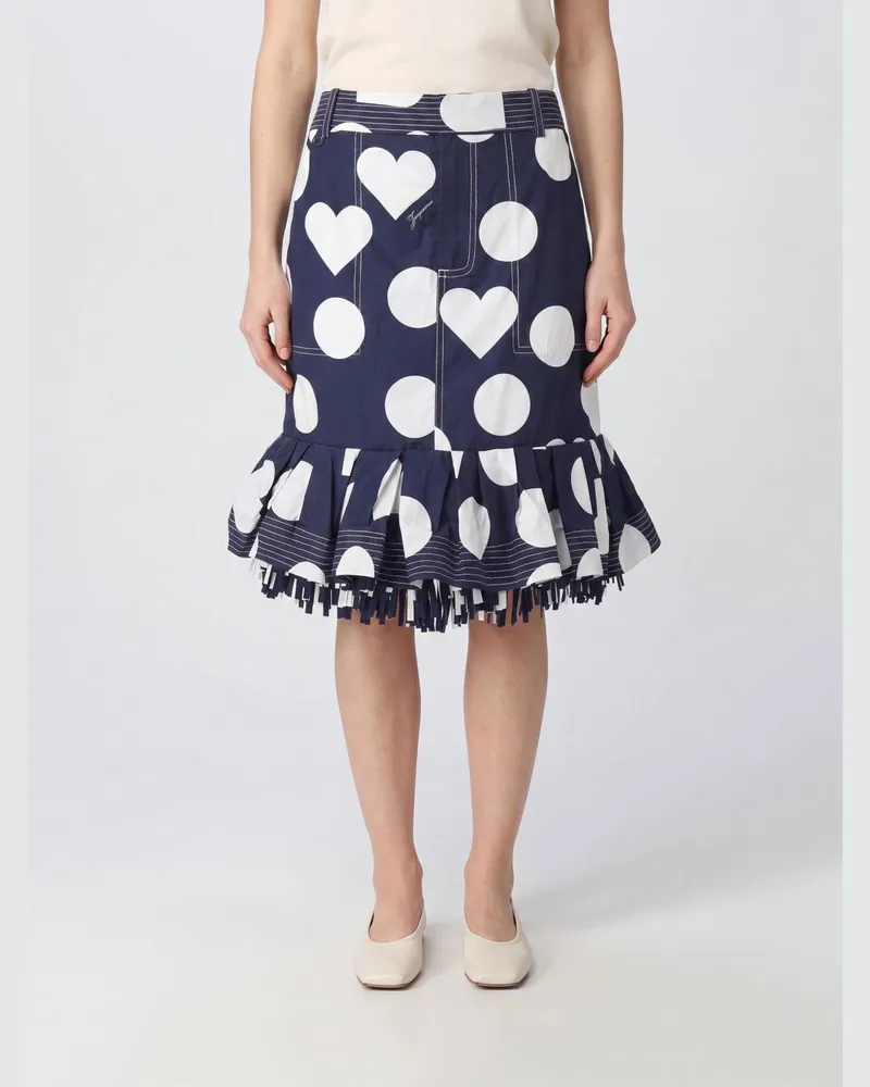 Jacquemus Cabana Midi-Rock mit Polka-Dots und Herzen, hoher Taille und Rüschen Navy