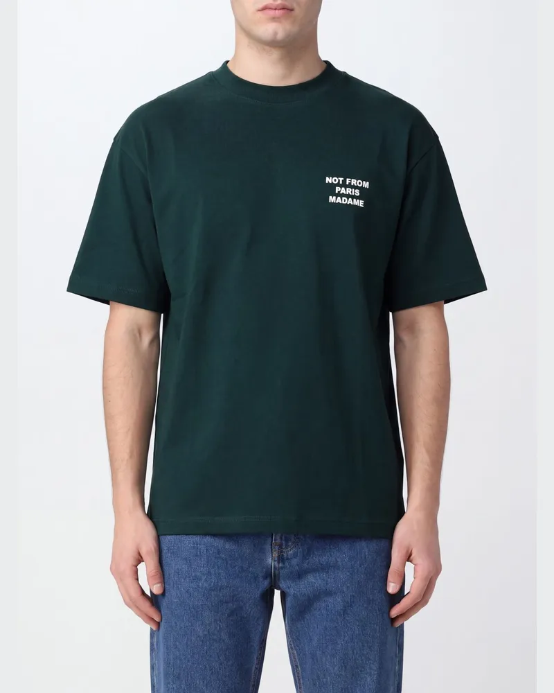 Drôle de Monsieur Baumwoll-T-Shirt mit Logo-Print und überschnittenen Schultern Waldgrün