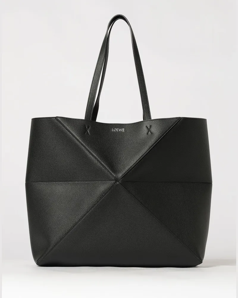 Loewe Puzzle Fold Tote-Tasche aus genarbtem Kalbsleder mit doppeltem Henkel Schwarz