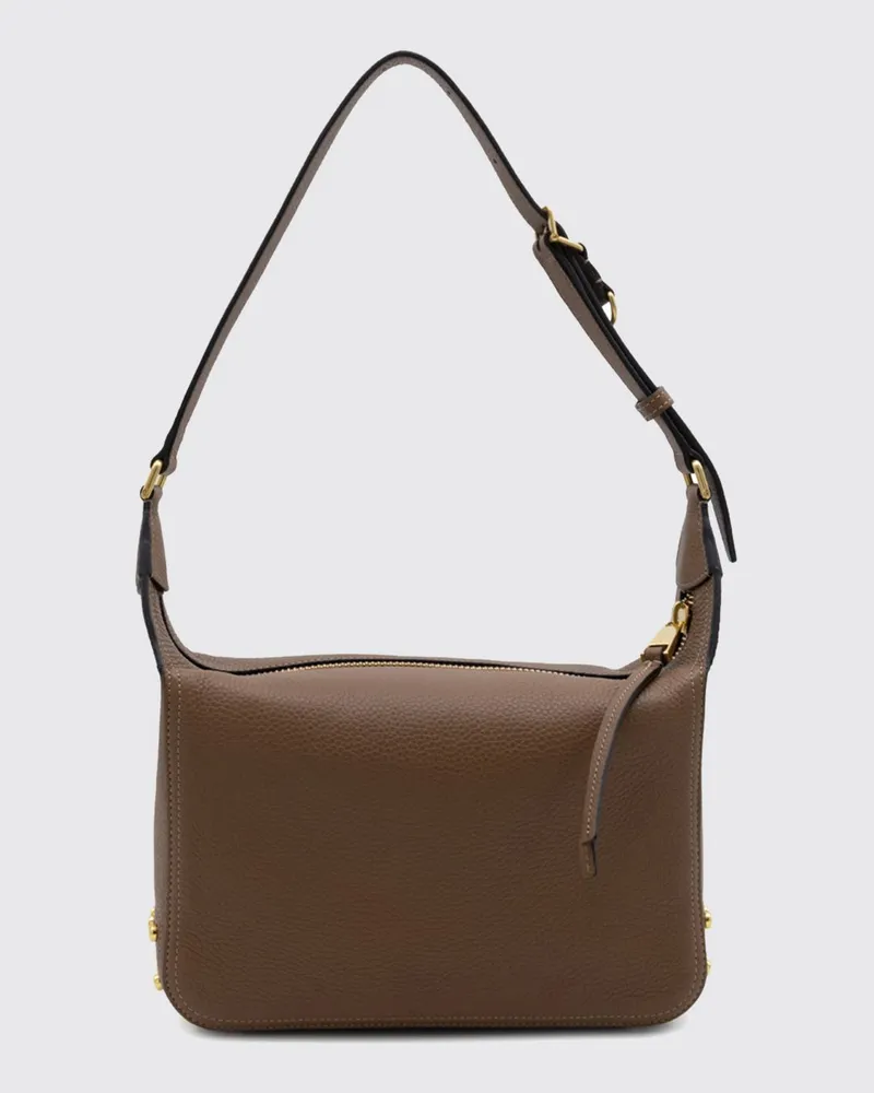 TOD'S Metal Dots Schultertasche aus gehämmertem Leder mit geprägtem Logo Braun