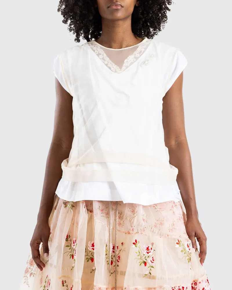 Simone Rocha Baumwoll-T-Shirt mit bestickten Tülleinsätzen und Kristallen Weiß