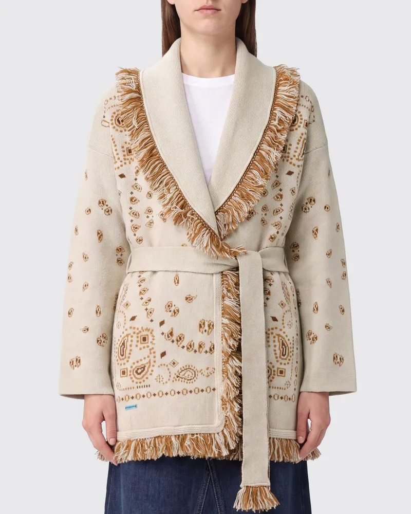 Alanui Robe-Cardigan aus Kaschmir mit Bandana-Muster und Fransen Beige