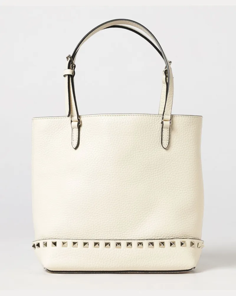 Valentino Garavani Rockstud Kleine Tote-Tasche aus genarbtem Kalbsleder Ivory