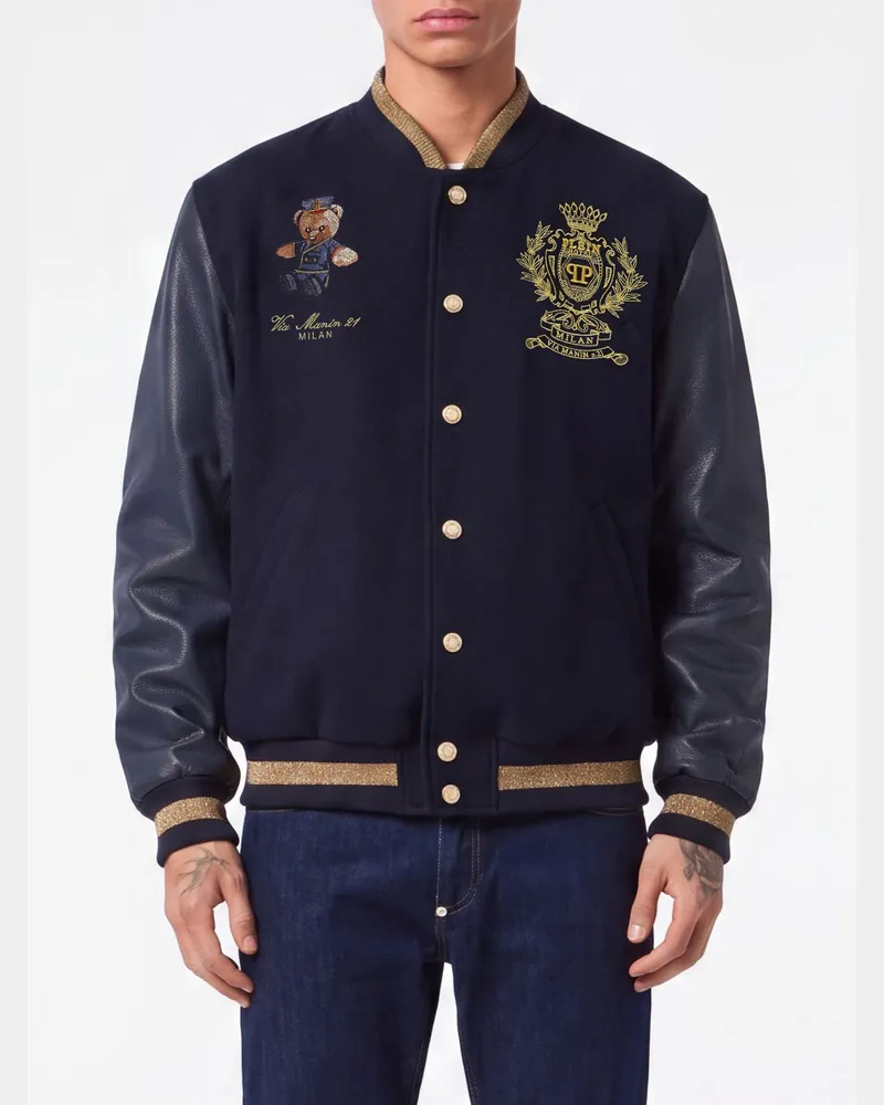 Philipp Plein College-Bomberjacke aus Shearling mit Teddybär-Stickerei und Kontrastbesatz Navy