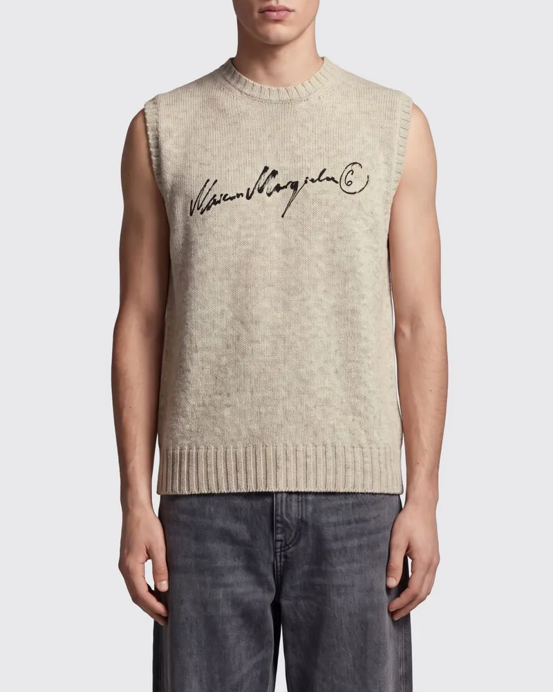 Maison Margiela Strickweste aus Wollmischung mit Rundhalsausschnitt und Kontrast-Logo Grau