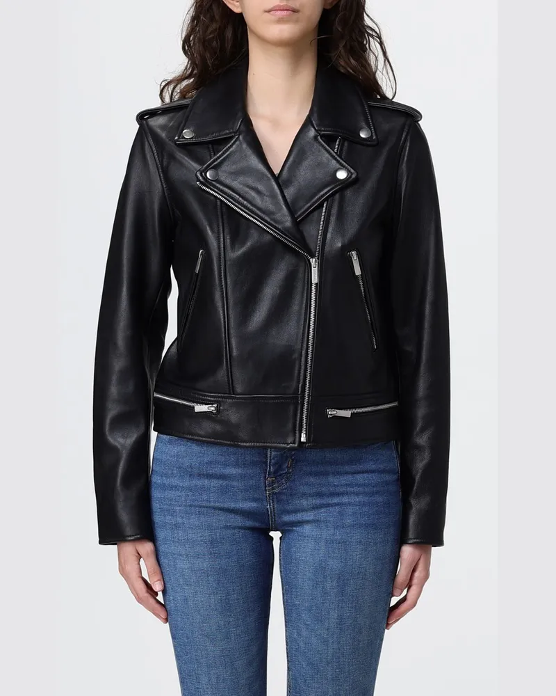 Twin-Set Leder-Bikerjacke mit asymmetrischem Reißverschluss und Schulterklappen Schwarz