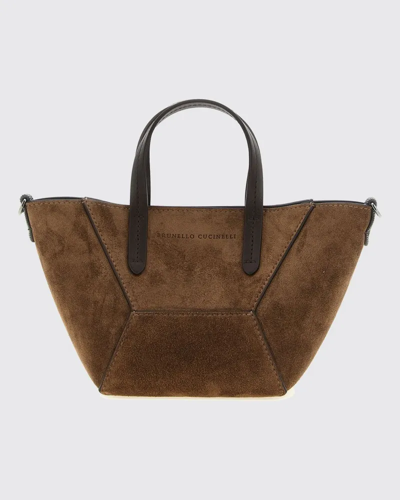 Brunello Cucinelli Kleine Handtasche aus Veloursleder mit Monili-Verzierung Braun