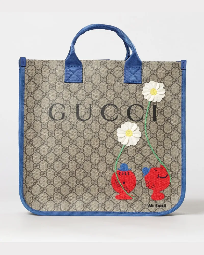Gucci Tasche aus GG Supreme Stoff mit Print und Blumenapplikationen Beige