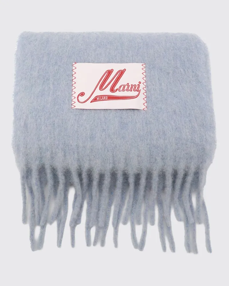 Marni Schal aus Alpaka-Wollmischung mit Logo-Patch, Fransen und Color-Block-Design Blau