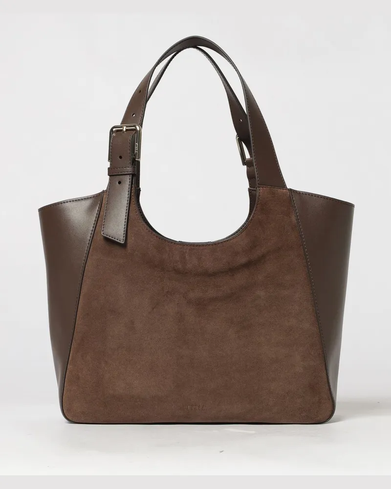 Furla Mittelgroße Dora Tote-Tasche aus Leder und Wildleder mit verstellbarem Henkel Braun