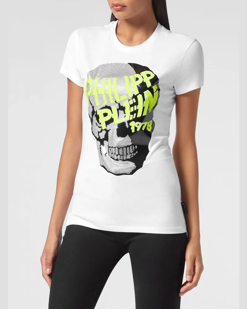 Philipp Plein Slim Fit Jersey-T-Shirt mit Totenkopf-Print und Strass Weiß
