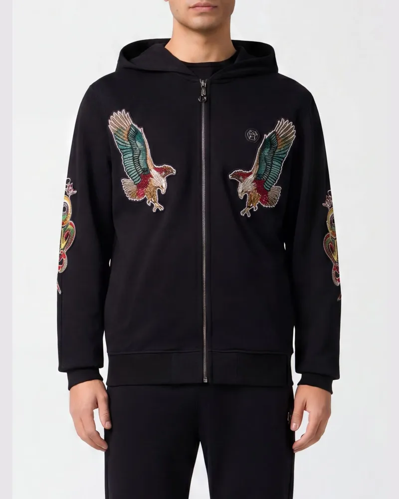 Philipp Plein Kapuzenpullover mit Reißverschluss Tattoo Patches Schwarz