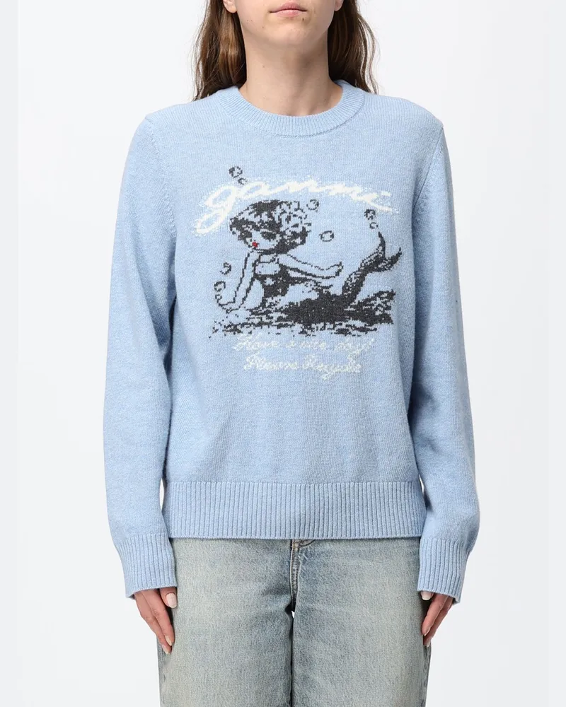 Ganni Pullover aus recycelter Wollmischung mit grafischem Jacquard-Logo Blau