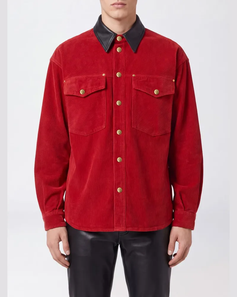 Versace Relaxed-Fit-Cordhemd mit Lederkragen Rot