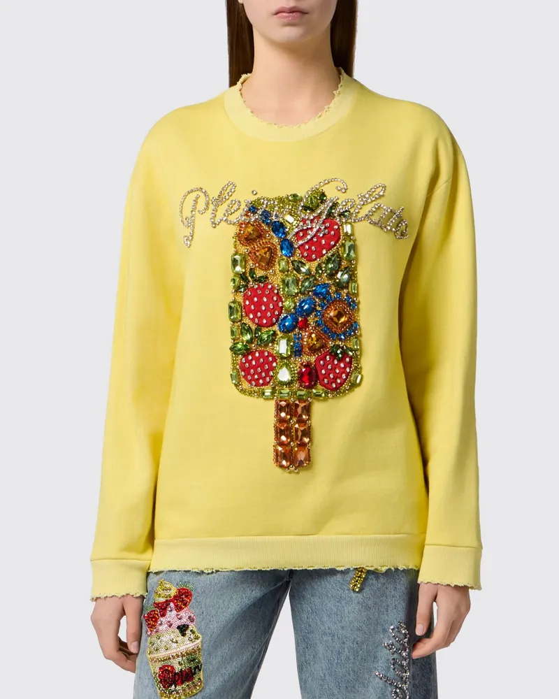 Philipp Plein Baumwoll-Sweatshirt mit Rundhalsausschnitt von mit ausgefranstem Saum und Strass-Logo Gelb