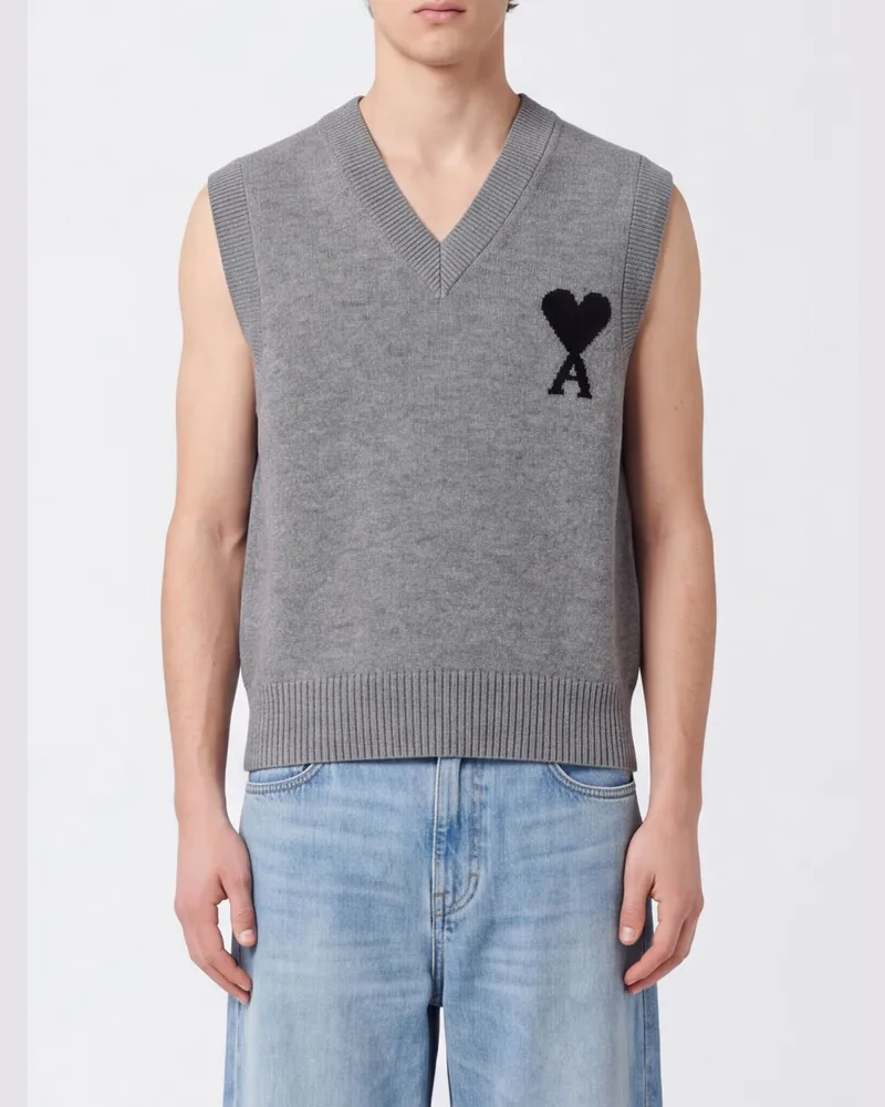 AMI Paris Woll-Strickweste von mit V-Ausschnitt und Logo Grau