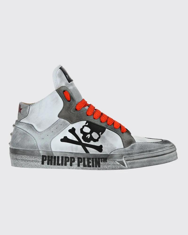 Philipp Plein Hohe Skull Sneakers aus Leder und Veloursleder im Used-Look Weiss