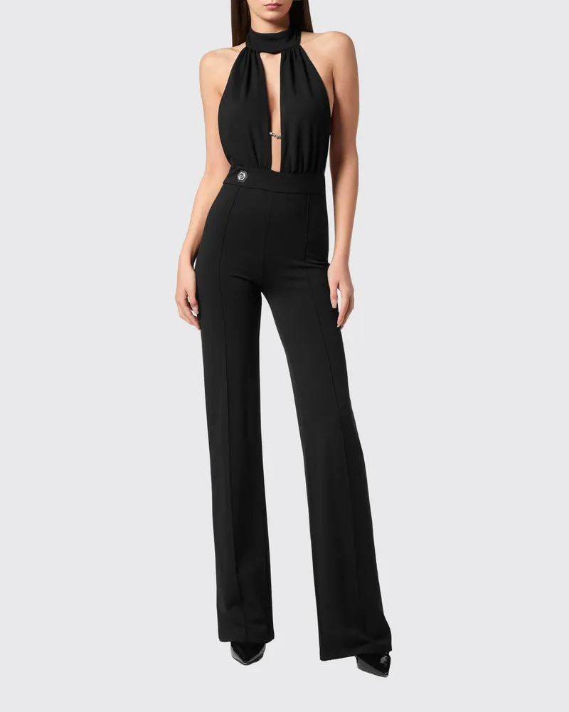 Philipp Plein Jumpsuit aus Crêpe mit tiefem V-Ausschnitt und Neckholder Schwarz