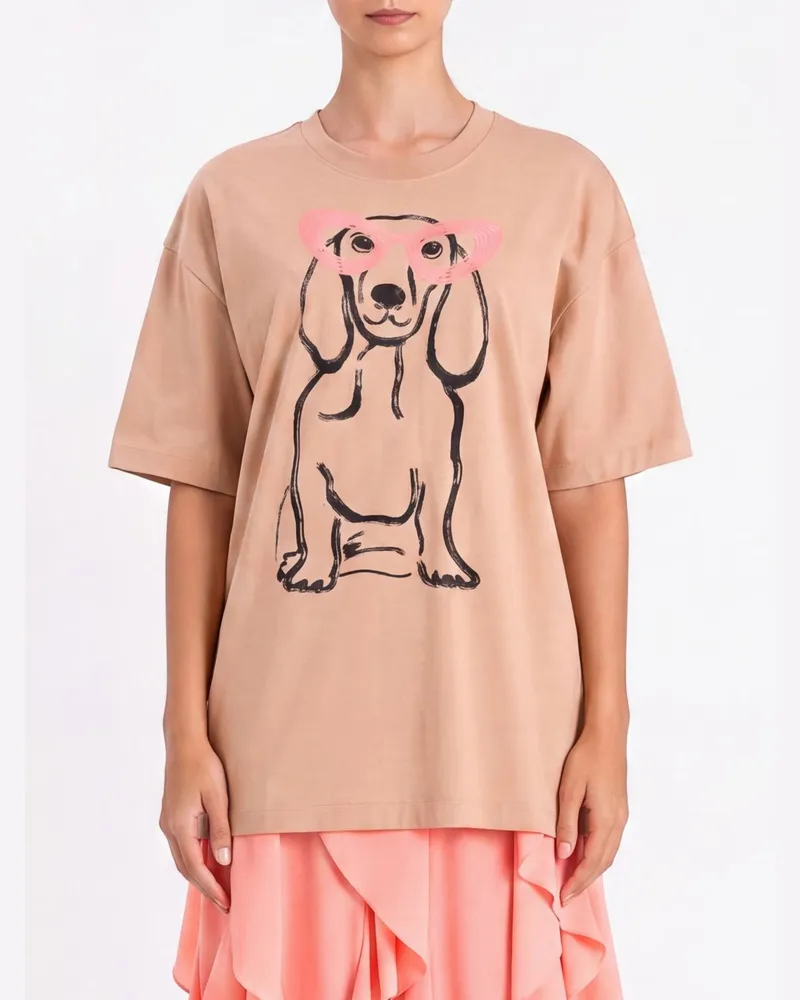 Twin-Set Baumwoll-T-Shirt mit Hunde-Print Beige