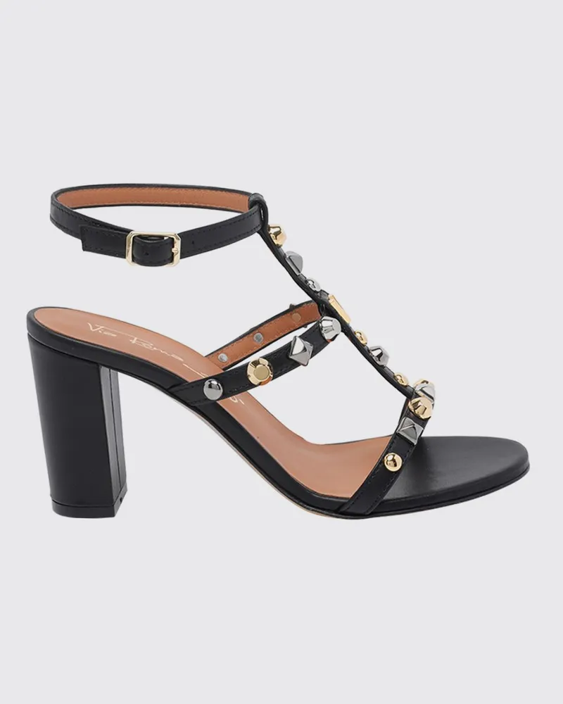 Via Roma 15 T-Steg-Sandalen aus Leder mit hohem Absatz und Nieten Schwarz