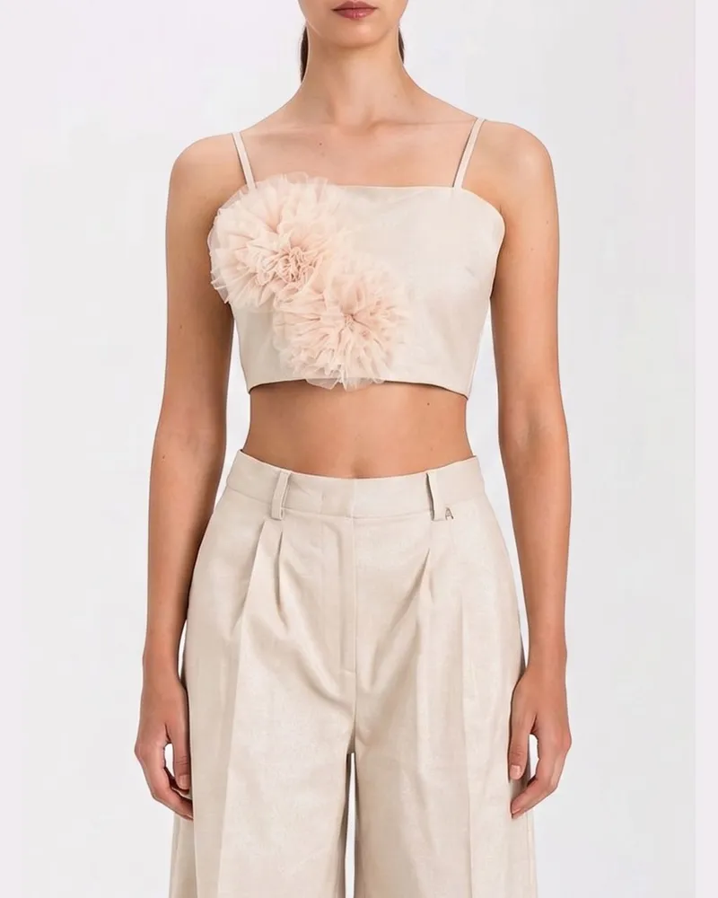 Twin-Set Cropped-Top mit Tüllblume Beige