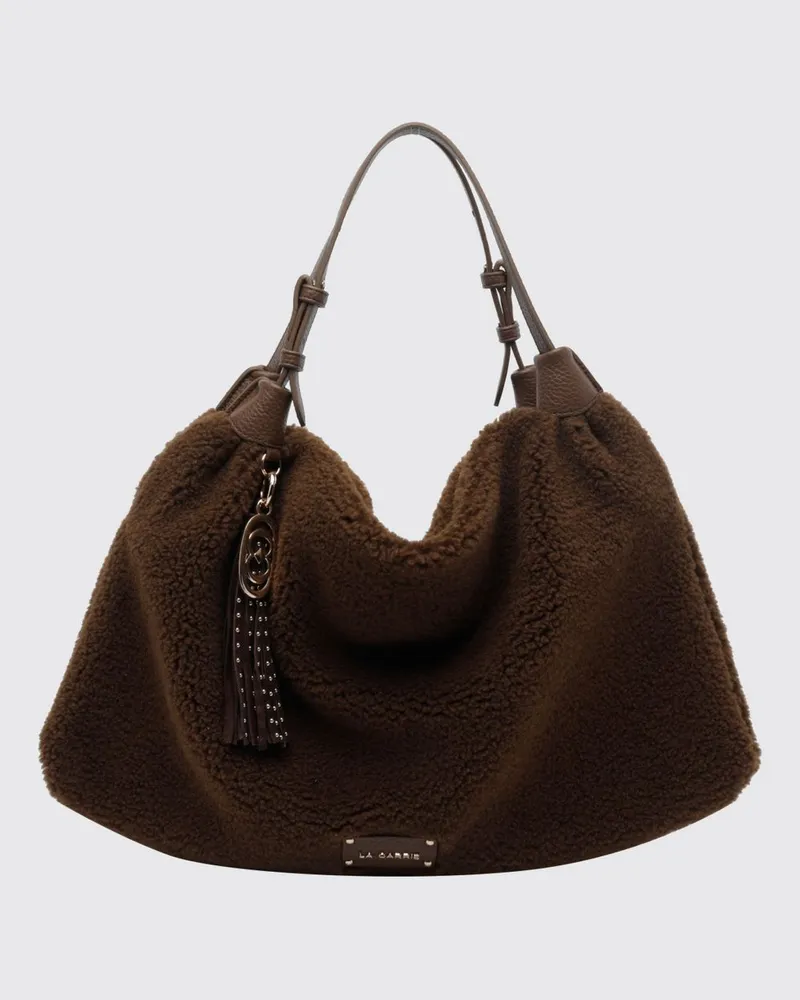 LA CARRIE Shearling-Schultertasche mit doppeltem verstellbarem Griff und Quasten Braun