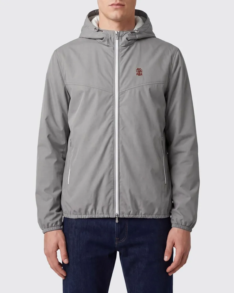 Brunello Cucinelli Wasserabweisende Windjacke aus technischem Nylon mit Kapuze Grau
