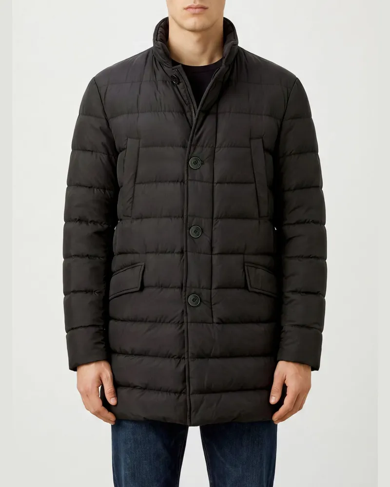 Herno Langer Stepp-Daunenmantel aus Nylon mit hohem Kragen und Knopfverschluss Schwarz